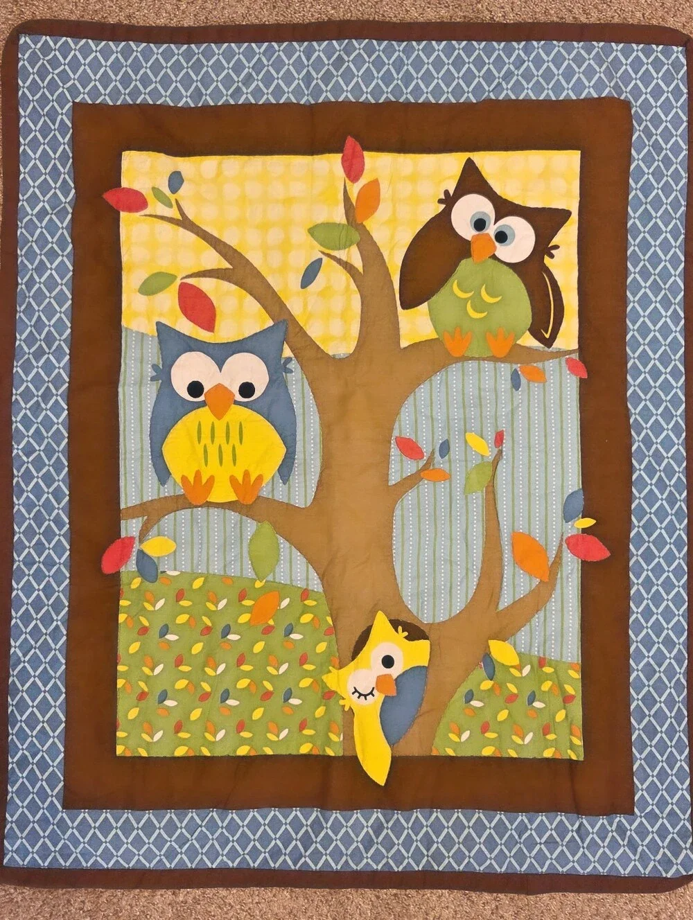 Owl Baby Crib Quilt Handmade Gender Neutral Woodland Nursery Wall Hanging 34x41